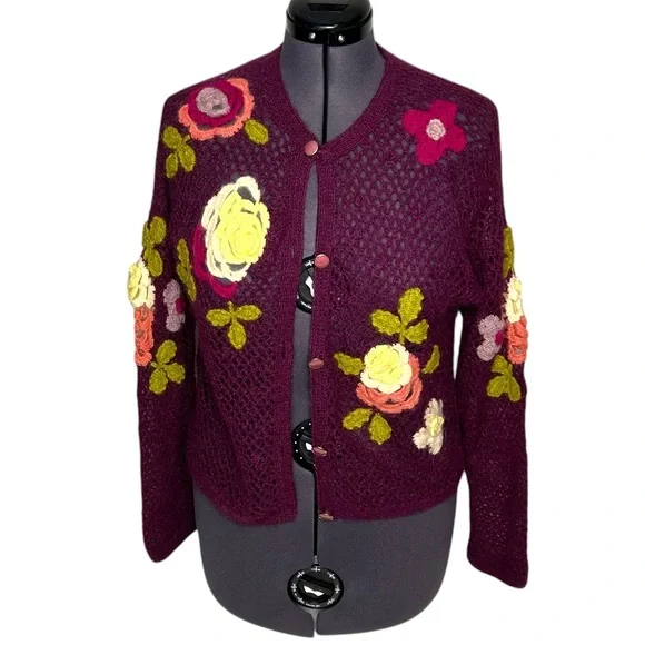 Vintage Crochet Floral Cardigan Purple Appliqué Boho Cottagecore Sz M - Picture 2 of 13